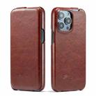 For iPhone 14 Pro Fierre Shann Oil Wax Texture Vertical Flip PU Phone Case(Brown) - 1