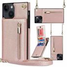 For iPhone 14 Plus Cross-body Zipper Square Phone Case with Holder (Rose Gold) - 1