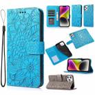 For iPhone 13 Pro Skin Feel Embossed Sunflower Horizontal Leather Case (Blue) - 1