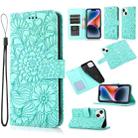 For iPhone 14 Skin Feel Embossed Sunflower Horizontal Leather Case (Green) - 1