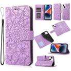 For iPhone 14 Plus Skin Feel Embossed Sunflower Horizontal Leather Case (Purple) - 1