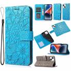 For iPhone 14 Plus Skin Feel Embossed Sunflower Horizontal Leather Case (Blue) - 1