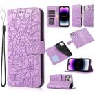 For iPhone 14 Pro Skin Feel Embossed Sunflower Horizontal Leather Case(Purple) - 1