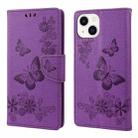 For iPhone 14 Plus Butterfly Embossed Horizontal Flip Leather Phone Case (Purple) - 1