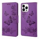 For iPhone 14 Pro Butterfly Embossed Horizontal Flip Leather Phone Case(Purple) - 1