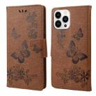 For iPhone 14 Pro Butterfly Embossed Horizontal Flip Leather Phone Case(Brown) - 1