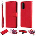 For Galaxy S20 2 in 1 Solid Color Detachable PU Leather Case with Card Slots & Magnetic Holder & Photo Frame & Wallet & Strap(Red) - 1