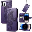 For iPhone 14 Pro Butterfly Embossing Leather Case(Dark Purple) - 1