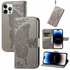 For iPhone 14 Pro Butterfly Embossing Leather Case(Grey) - 1