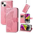 For iPhone 14 Butterfly Embossing Leather Case (Pink) - 1