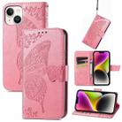 For iPhone 14 Plus Butterfly Embossing Leather Case (Pink) - 1
