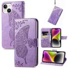 For iPhone 14 Plus Butterfly Embossing Leather Case (Light Purple) - 1
