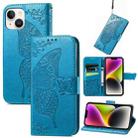 For iPhone 14 Plus Butterfly Embossing Leather Case (Blue) - 1