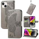 For iPhone 14 Plus Butterfly Embossing Leather Case (Grey) - 1
