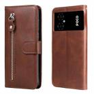 For Xiaomi Poco M4 5G Calf Texture Zipper Leather Phone Case(Brown) - 1