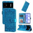 For Xiaomi Poco M4 5G Embossed Sunflower Leather Phone Case(Blue) - 1