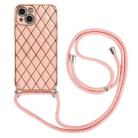 For iPhone 14 Plus Electroplating Lambskin Lanyard Phone Case(Pink) - 1