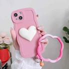 For iPhone 14 Wave Edge Heart Silicone Phone Case with Wristband(Pink) - 1
