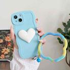 For iPhone 14 Plus Wave Edge Heart Silicone Phone Case with Wristband(Blue) - 1