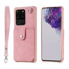 For Galaxy S20 Ultra Shockproof Protective Case with Mirror & Card Slot & Short Lanyard(Pink) - 1