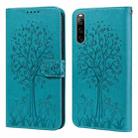 For Sony Xperia 10 IV Tree & Deer Pattern Pressed Flip Leather Phone Case(Blue) - 1