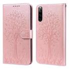 For Sony Xperia 10 IV Tree & Deer Pattern Pressed Flip Leather Phone Case(Pink) - 1