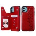 For iPhone 11 Six Cats Embossing Pattern Protective Case with Holder & Card Slots & Photo Frame(Red) - 1