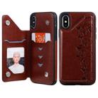 For iPhone X Six Cats Embossing Pattern Protective Case with Holder & Card Slots & Photo Frame(Brown) - 1