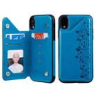 For iPhone XR Six Cats Embossing Pattern Protective Case with Holder & Card Slots & Photo Frame(Blue) - 1