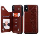 For iPhone XS Six Cats Embossing Pattern Protective Case with Holder & Card Slots & Photo Frame(Brown) - 1