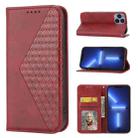 For iPhone 14 Plus Cubic Grid Calf Texture Magnetic Closure Leather Phone Case(Red) - 1