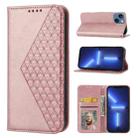 For iPhone 14 Plus Cubic Grid Calf Texture Magnetic Closure Leather Phone Case(Rose Gold) - 1