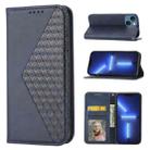 For iPhone 14 Plus Cubic Grid Calf Texture Magnetic Closure Leather Phone Case(Blue) - 1