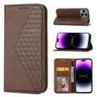 For iPhone 14 Pro Cubic Grid Calf Texture Magnetic Closure Leather Phone Case(Brown) - 1