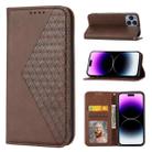 For iPhone 14 Pro Max Cubic Grid Calf Texture Magnetic Closure Leather Phone Case(Brown) - 1