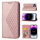 For iPhone 14 Pro Max Cubic Grid Calf Texture Magnetic Closure Leather Phone Case(Rose Gold) - 1