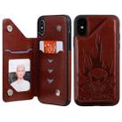 For iPhone X / XS Skull Head Embossing Pattern Shockproof Protective Case with Holder & Card Slots & Wallet(Brown) - 1