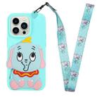 For iPhone 14 Pro Max Silicone Wallet Phone Case with Lanyard(Light Blue Elephants) - 1