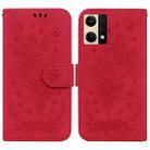 For OPPO Reno7 4G Butterfly Rose Embossed Leather Phone Case(Red) - 1