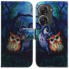 For Asus Zenfone 9 Coloured Drawing Leather Phone Case(Oil Painting Owl) - 1