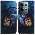 For OPPO Reno8 Pro+ Coloured Drawing Leather Phone Case(Oil Painting Owl) - 1