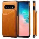 For Galaxy S10 Shockproof Calf Texture Protective Case with Holder & Card Slots & Frame(Brown) - 1