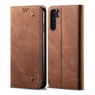 For OPPO A91 / F15 / Reno 3 Denim Texture Casual Style Horizontal Flip Leather Case with Holder & Card Slots & Wallet(Brown) - 1