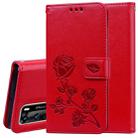 For Huawei P40 Rose Embossed Horizontal Flip PU Leather Case with Holder & Card Slots & Wallet(Red) - 1
