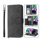 For iPhone 14 Skin-feel Flowers Embossed Wallet Leather Phone Case(Black) - 1