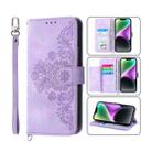 For iPhone 14 Skin-feel Flowers Embossed Wallet Leather Phone Case(Purple) - 1