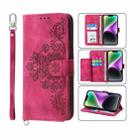 For iPhone 14 Skin-feel Flowers Embossed Wallet Leather Phone Case(Wine Red) - 1