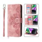 For iPhone 14 Plus Skin-feel Flowers Embossed Wallet Leather Phone Case(Pink) - 1