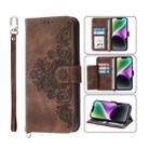 For iPhone 14 Plus Skin-feel Flowers Embossed Wallet Leather Phone Case(Brown) - 1