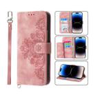 For iPhone 14 Pro Skin-feel Flowers Embossed Wallet Leather Phone Case(Pink) - 1